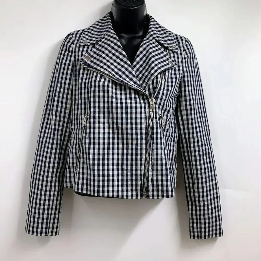 J. Crew Women's Gingham‎ Plaid Linen Blend Motorcycle Jacket Size 00